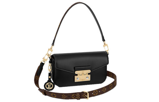 LOUIS VUITTON 송아지 가죽 및 캔버스 소재 트림 숄더 백, 핸드백, 숄더 백 여성 블랙 L24*W6*H15cm